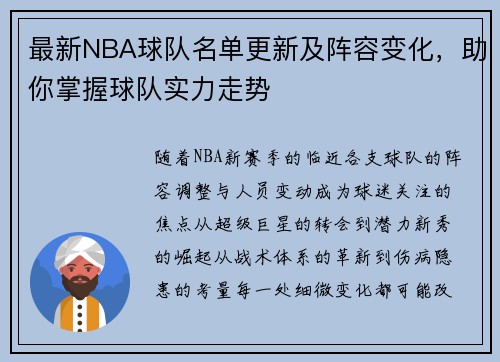 最新NBA球队名单更新及阵容变化，助你掌握球队实力走势